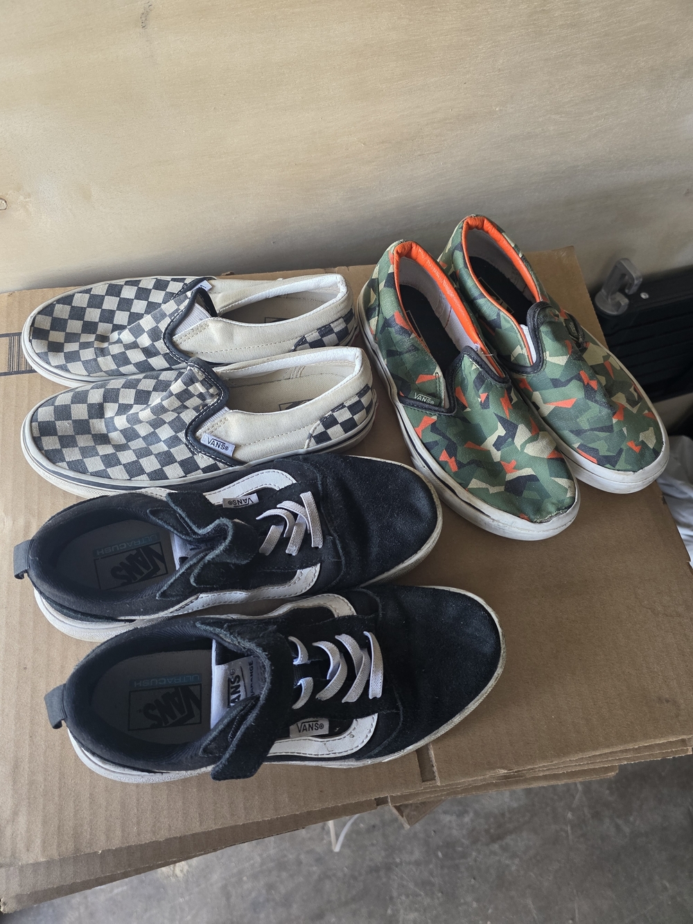 Vans Kids 3-Pair Mix: Checkerboard, Camo & Black Lace Sneakers
